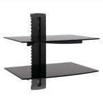 Mesa flotante doble en vidrio templado negro.