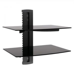 Mesa flotante doble en vidrio templado negro.